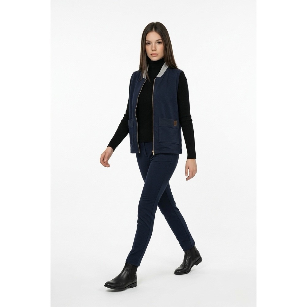 Renoma‎ Womens Navy Blue Zip Front Utility Vest with Grey Ribbed Collar Small